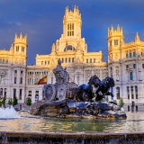 Fountain and Plaza de Cibeles Palace (Palacio de Comunicaciones), Plaza de Cibeles, Madrid, Spain, Europe